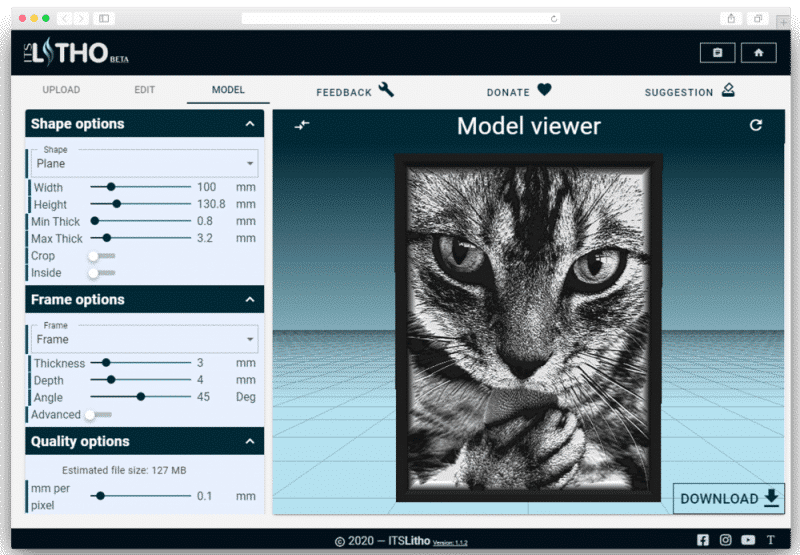 itslitho image to lithophane cat preview model